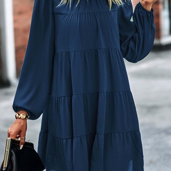 Long Sleeve Baby Doll Dresses Women 2025 Casual Fall Winter Ruffle Mock Neck Tie - Picture 2 of 5